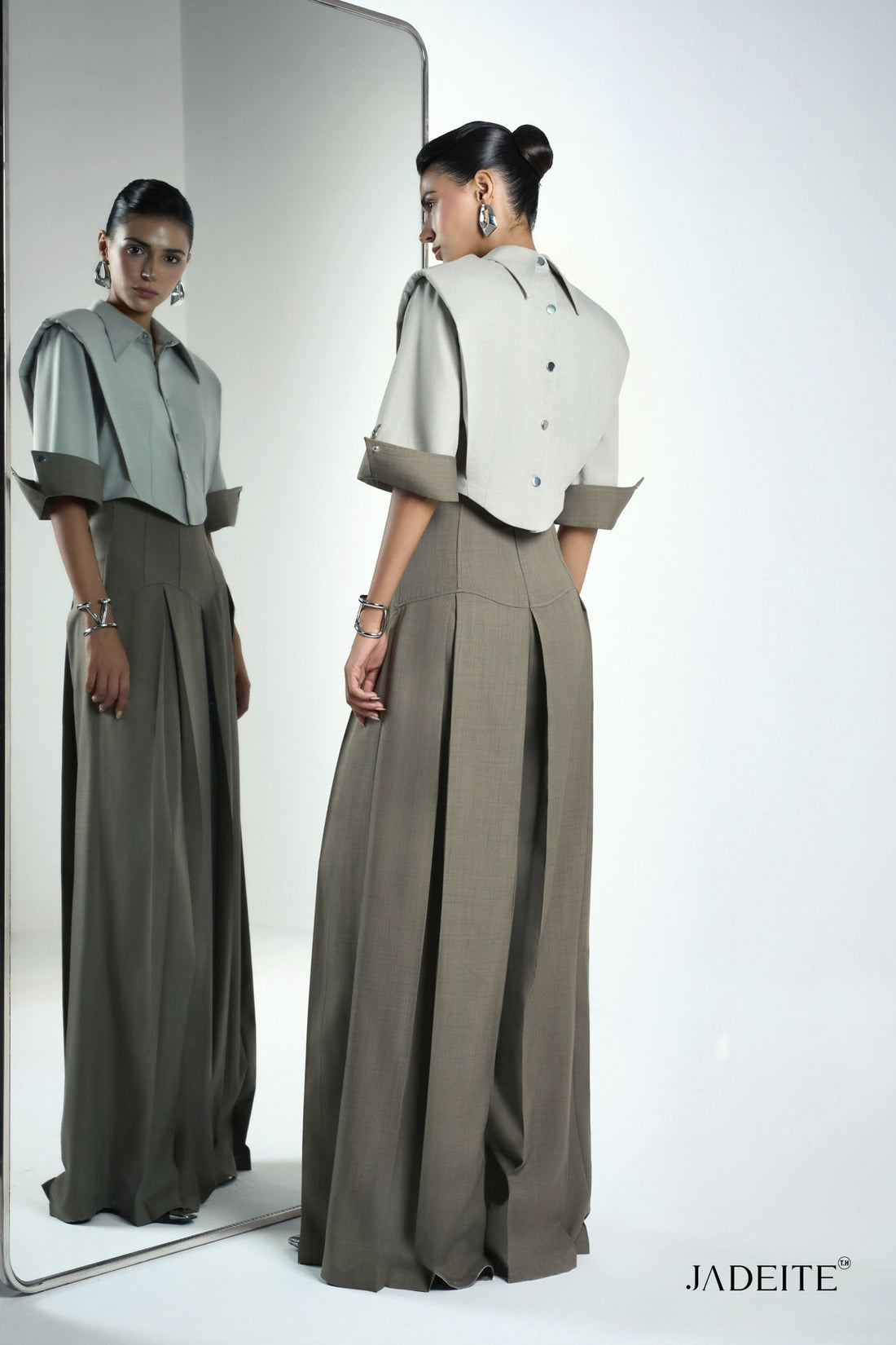 Front & Back Ivory Crop-Shirt & Van Ash Grey Pants