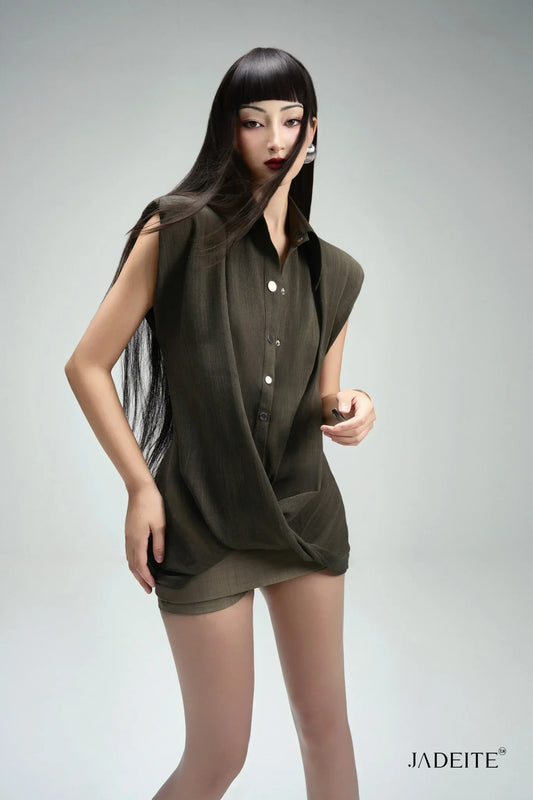 Twist Moss Green Shirt & Ash Grey Short-skirt